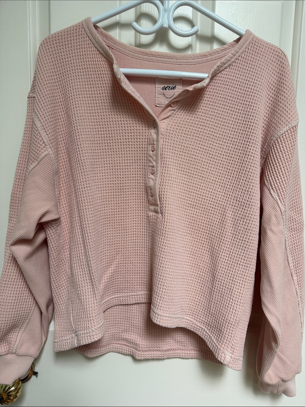 Aerie sz S Oversize (fits L/XL) Waffle L/S Top - Peachy -heavy - cropped front